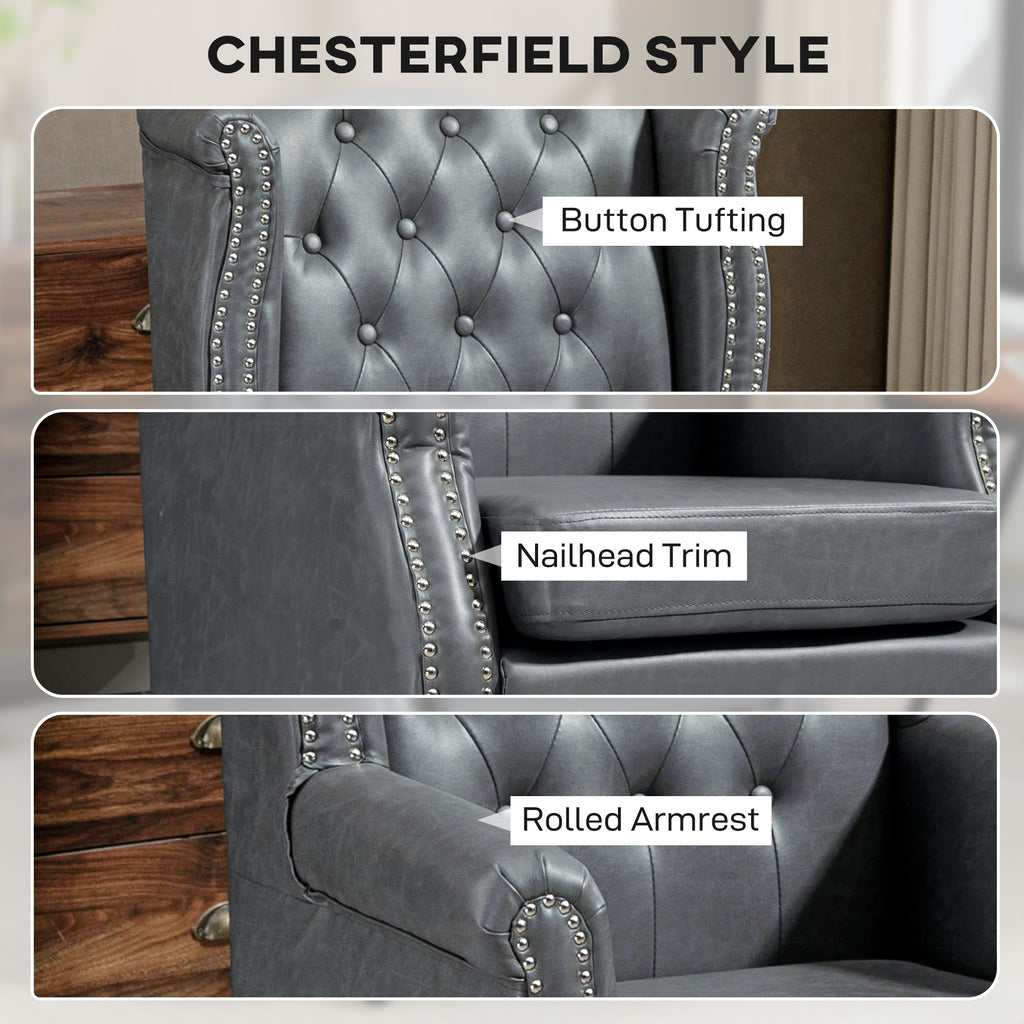 Wingback Accent Chair Tufted Chesterfield-style Armchair with Nail Head Trim for Living Room Bedroom Grey