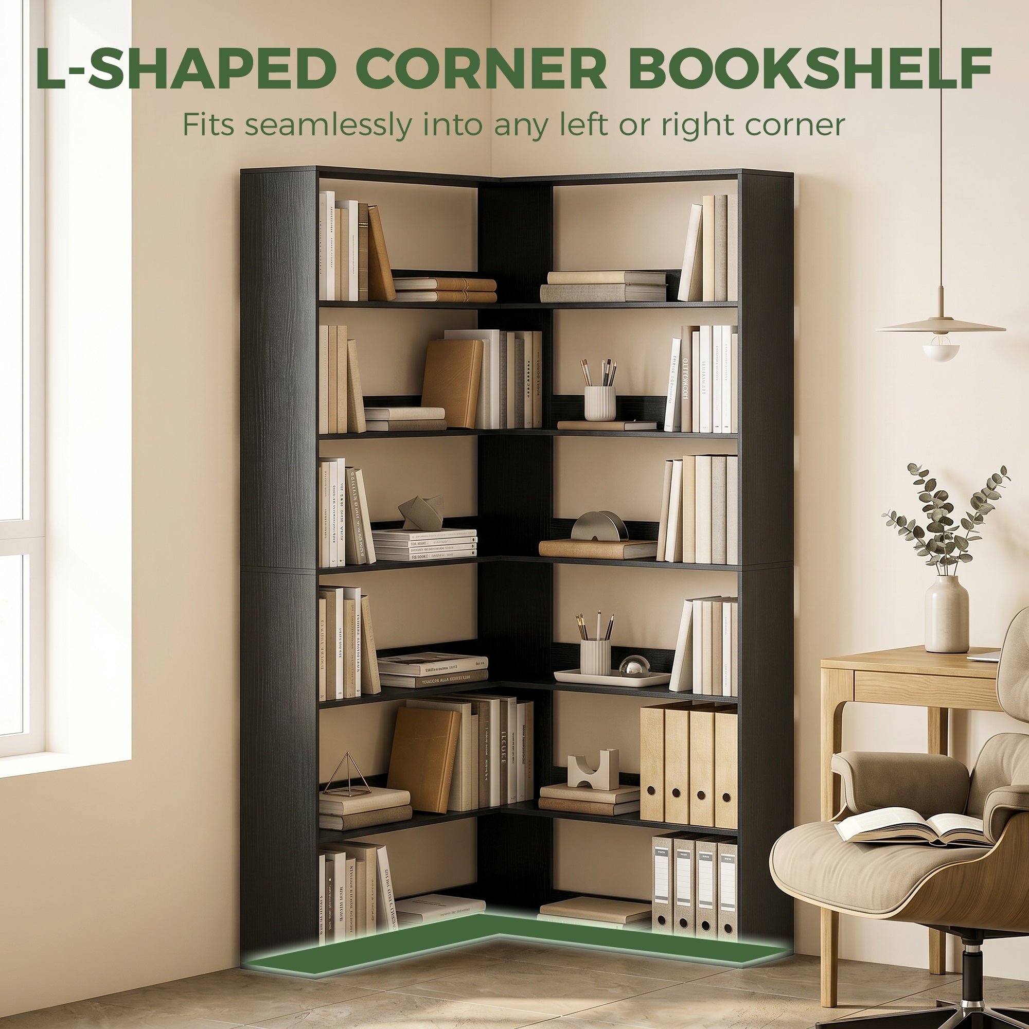7 Tiers Bookshelf, L-Shaped Corner Bookcase with Anti-Slip Rear Guard, Black Wood Effect