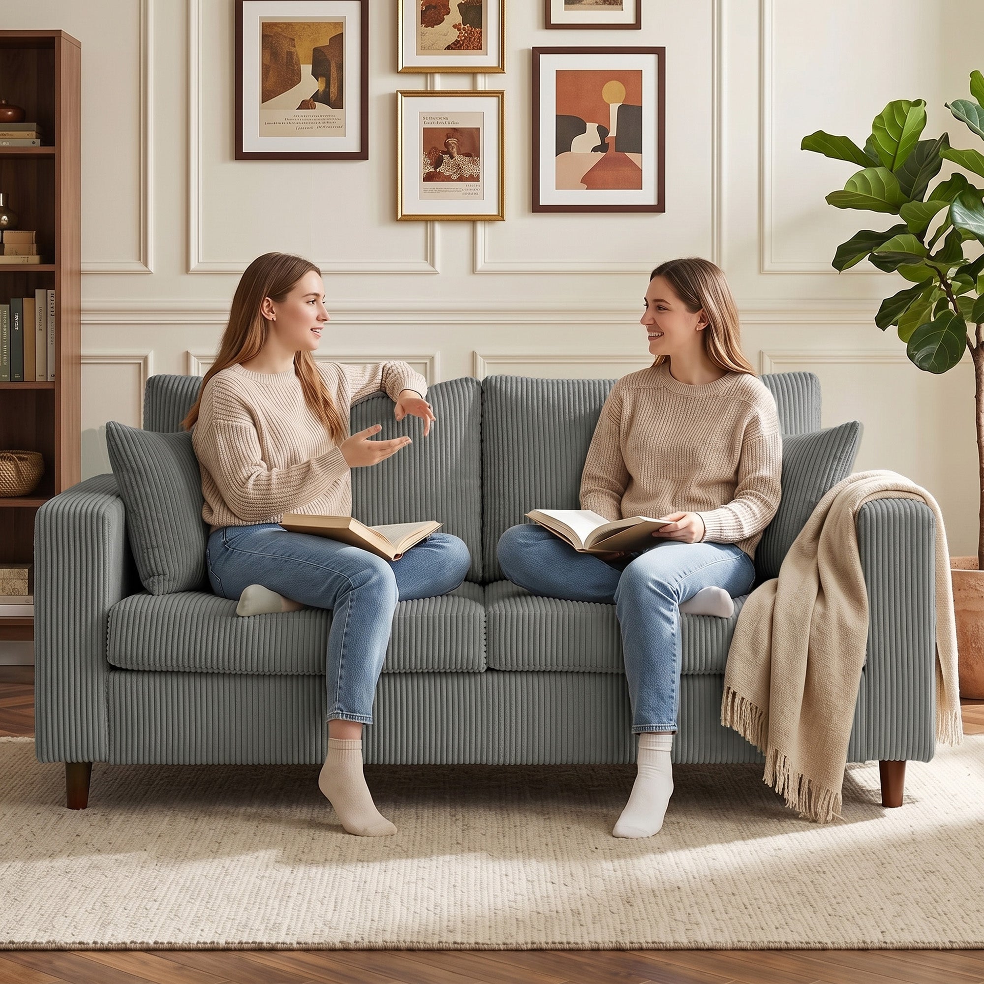 Loveseat Sofa with Wide Seat, Corduroy 2 Seater Couch with Deep Seat, Spring Cushion, Light Grey