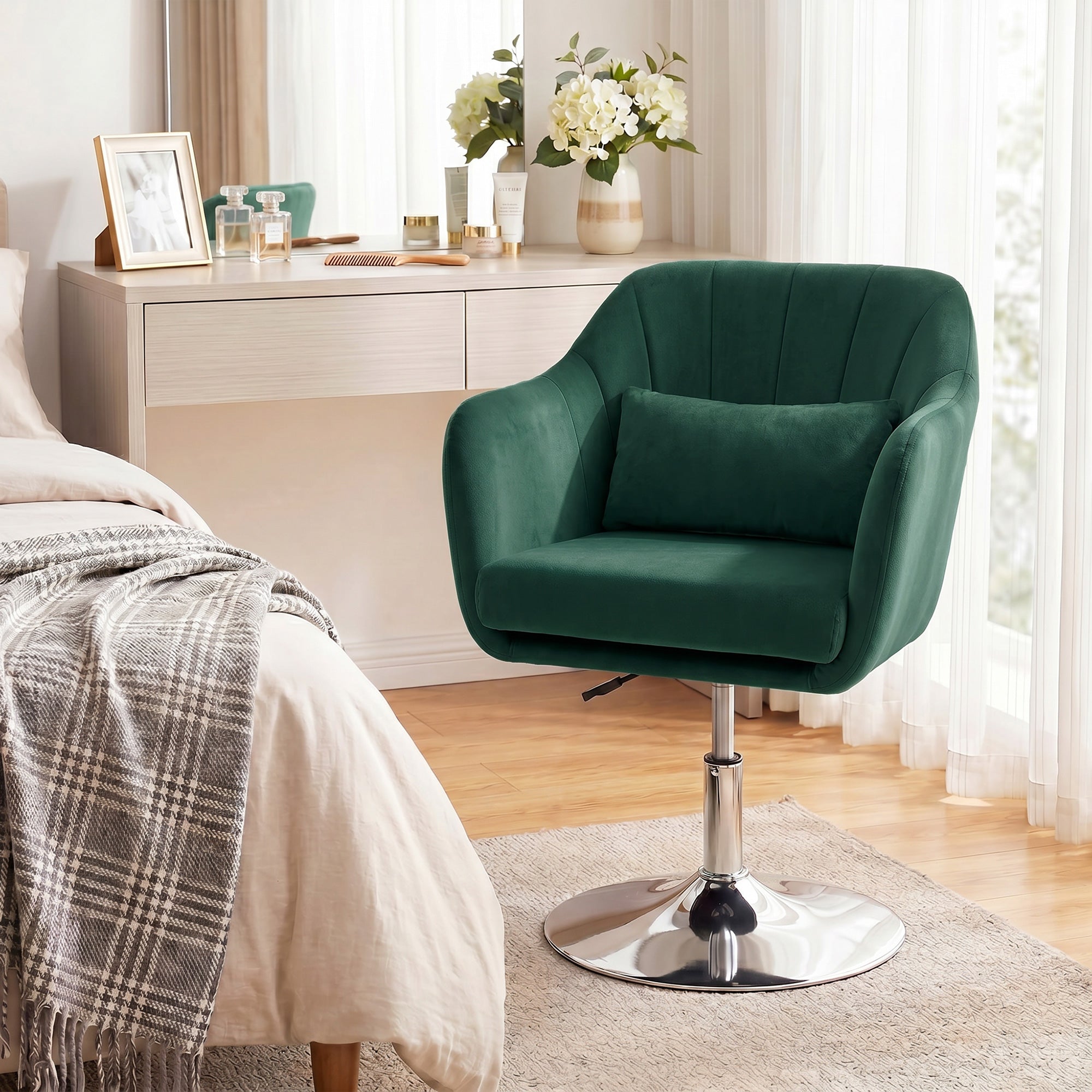 Retro Velvet Swivel Tub Chair with Steel Frame, Cushion Seat, Dark Green
