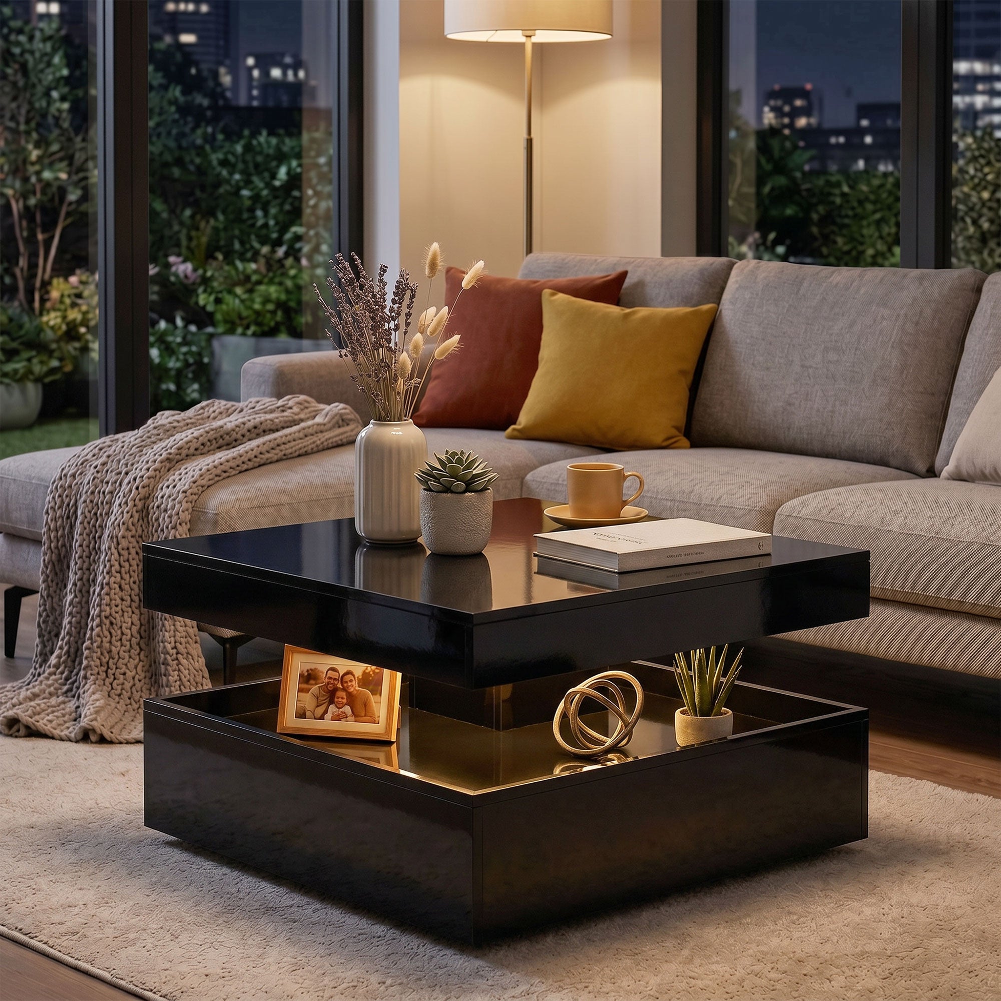 LED Coffee Table with Storage, 2-Tier Modern Centre Table with Open Shelf and Remote for Living Room, High Gloss Black