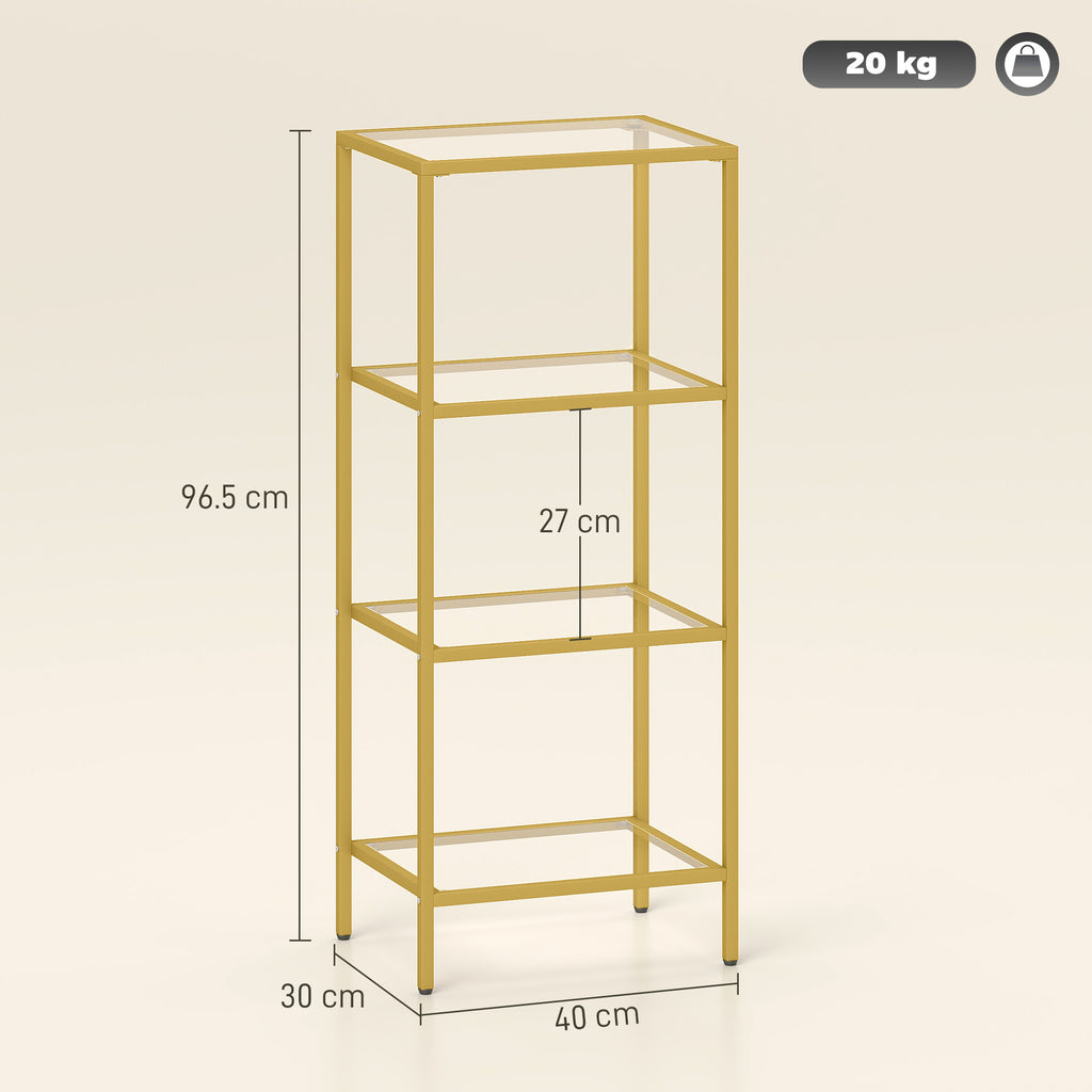 4-Tier Shelving Unit, Glass Shelf, Vertical Storage Shelf for Living Room, Home Office, Bedroom, Bathroom, Gold Tone