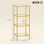 4-Tier Shelving Unit, Glass Shelf, Vertical Storage Shelf for Living Room, Home Office, Bedroom, Bathroom, Gold Tone