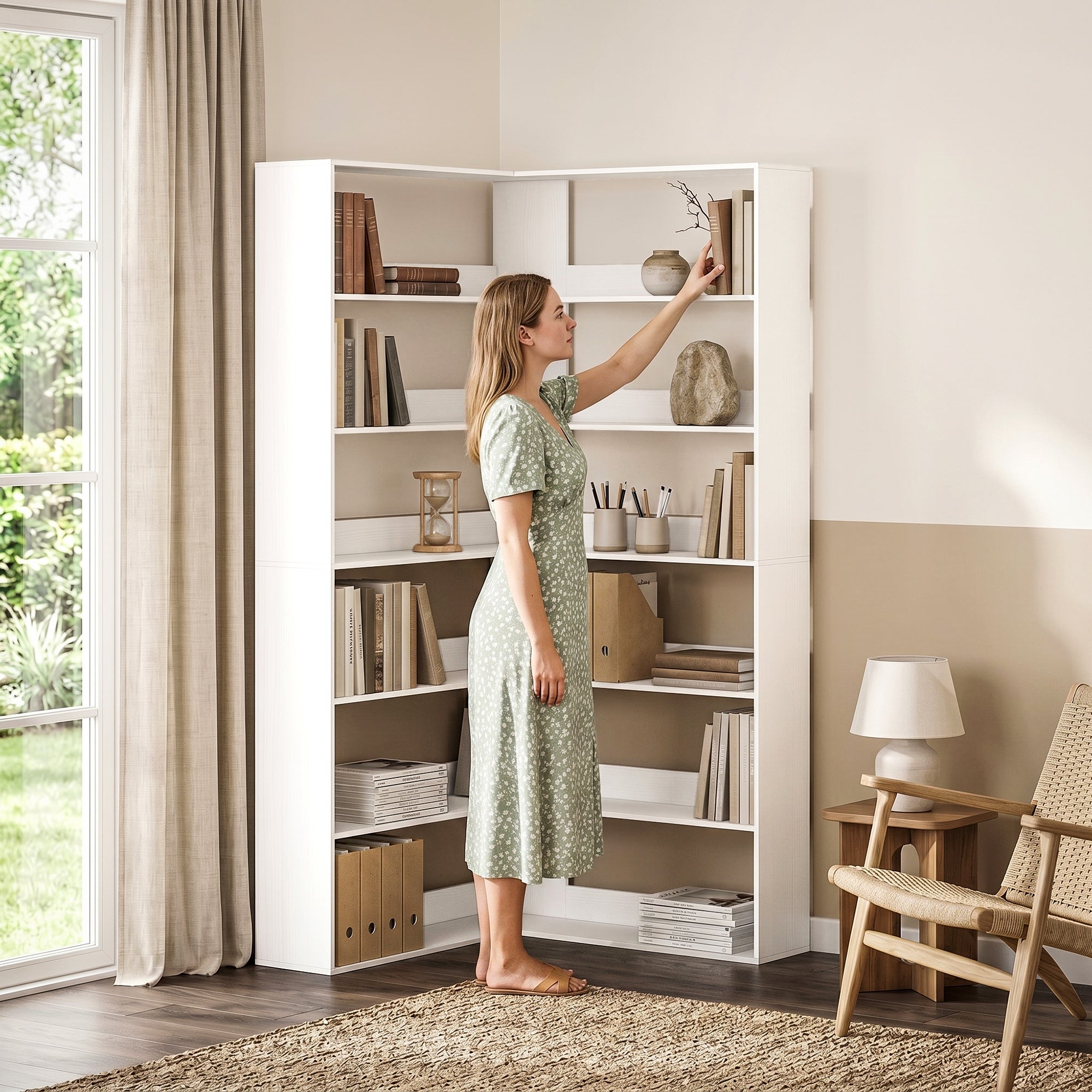 7 Tiers Bookshelf, L-Shaped Corner Bookcase with Anti-Slip Rear Guard, White Wood Effect