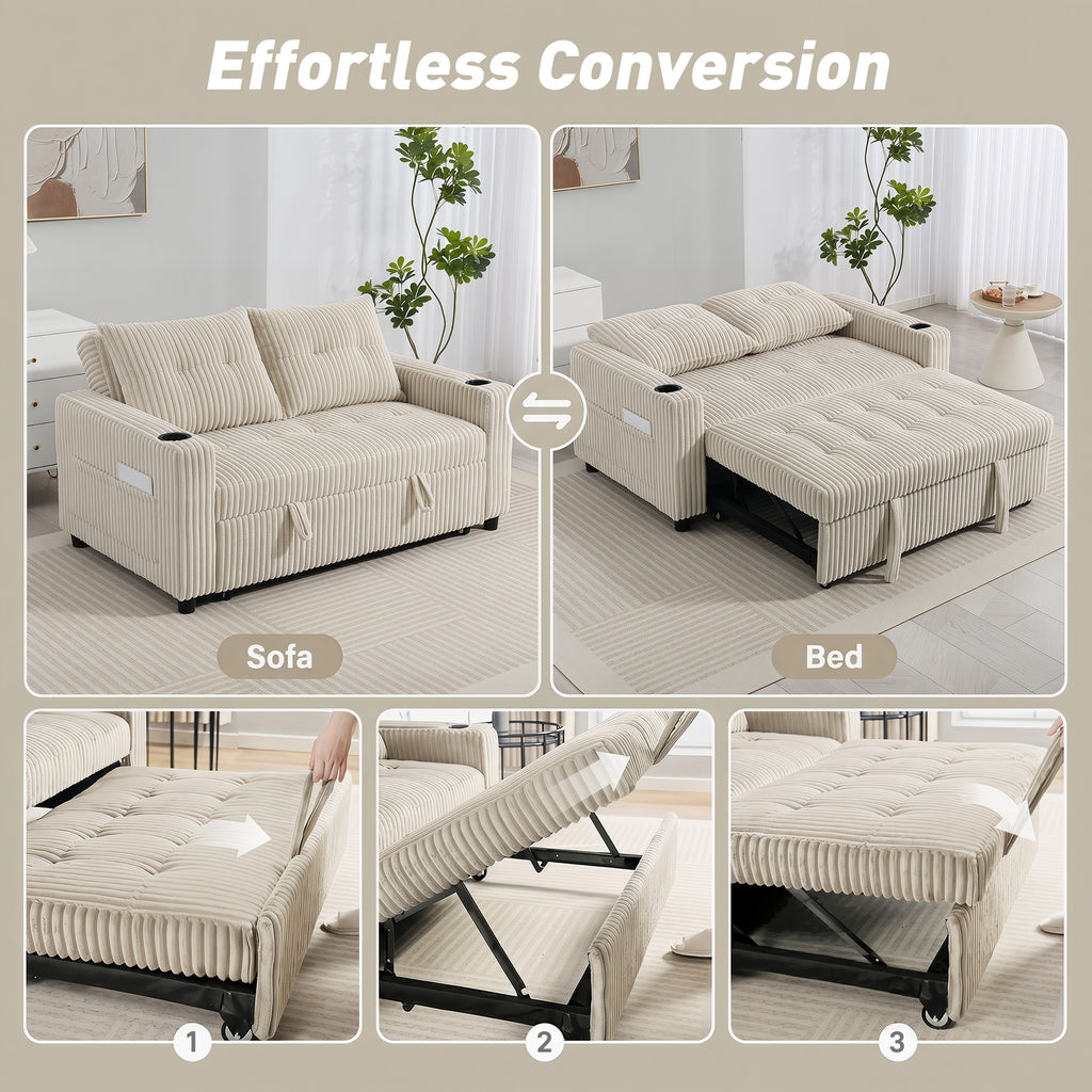 Corduroy Click Clack Sleeper Sofa with Pull Out Design, 2 Seater Sofa Bed, Cream White