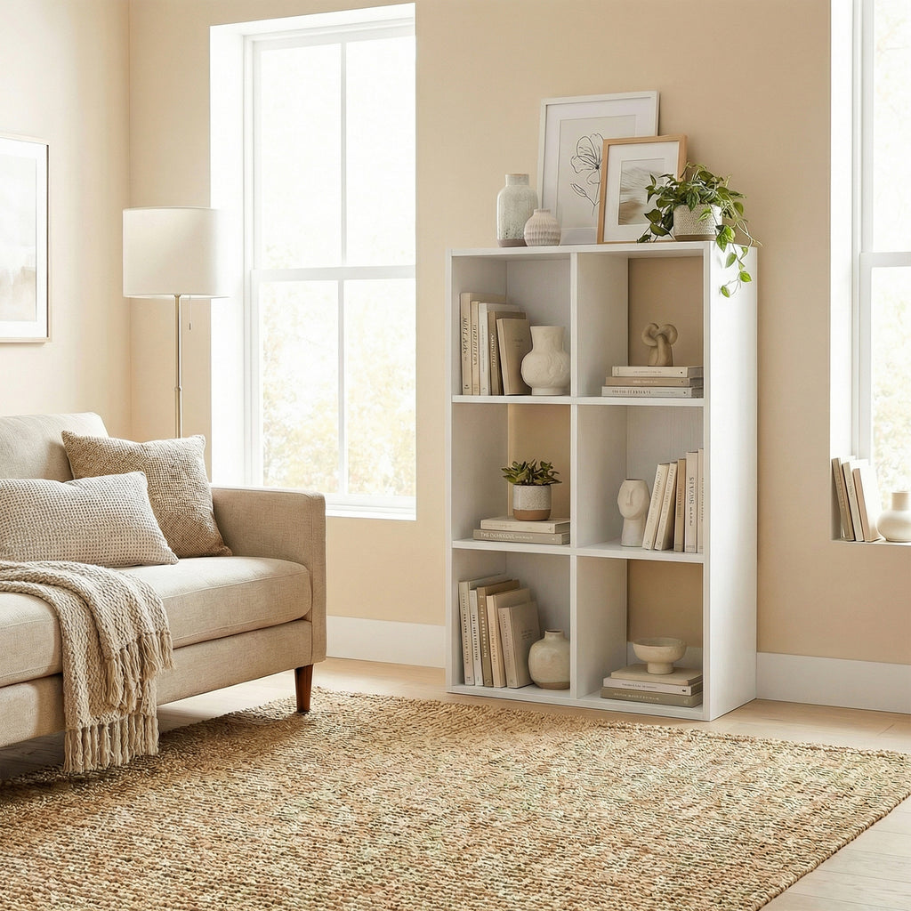 Industrial Style Storage Shelf, Bookcase, Bookshelf with 6 Compartments, for Living Room, Home Study, White Wood Effect