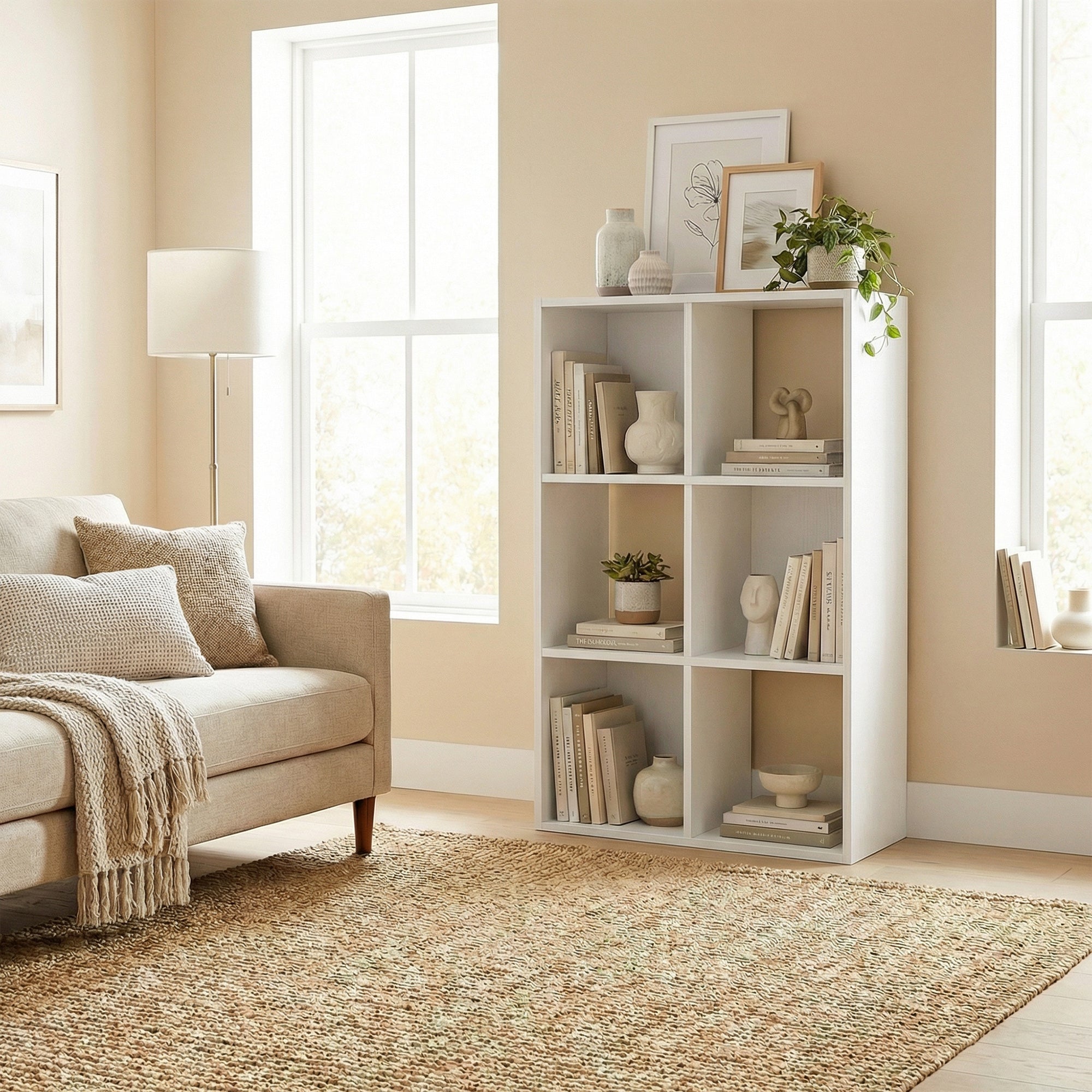 Industrial Style Storage Shelf, Bookcase, Bookshelf with 6 Compartments, for Living Room, Home Study, White Wood Effect