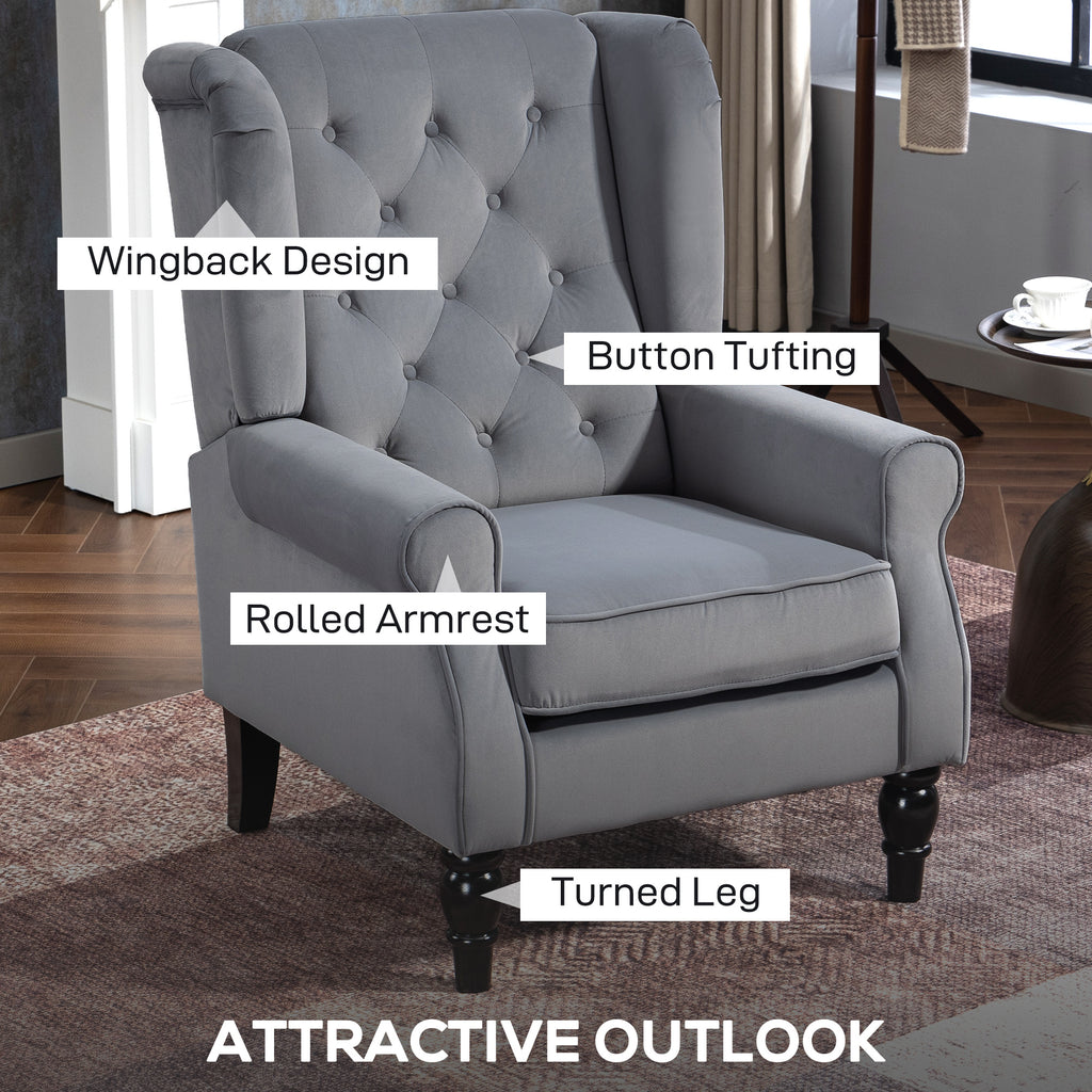 Wingback Accent Chair, Retro Upholstered Button Tufted Occasional Chair for Living Room and Bedroom, Light Grey