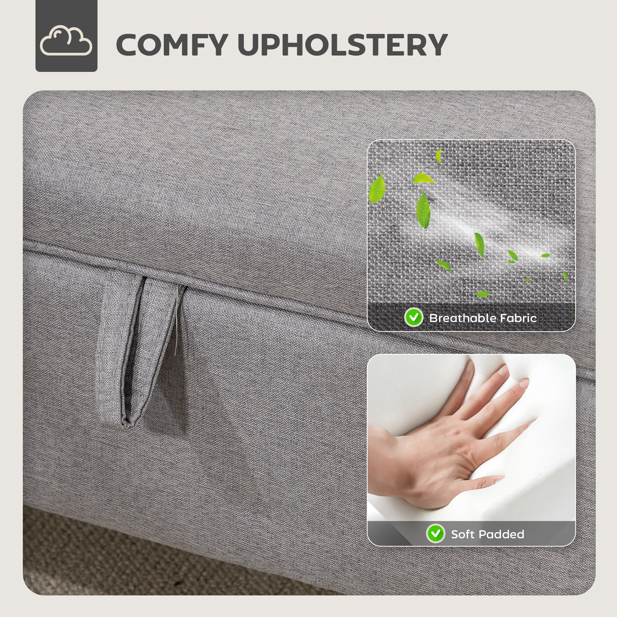 30L Linen Storage Ottoman Padded Footstool with Rubberwood Legs for Storage Box, Bed End, Shoe Bench, Seating, Light Grey