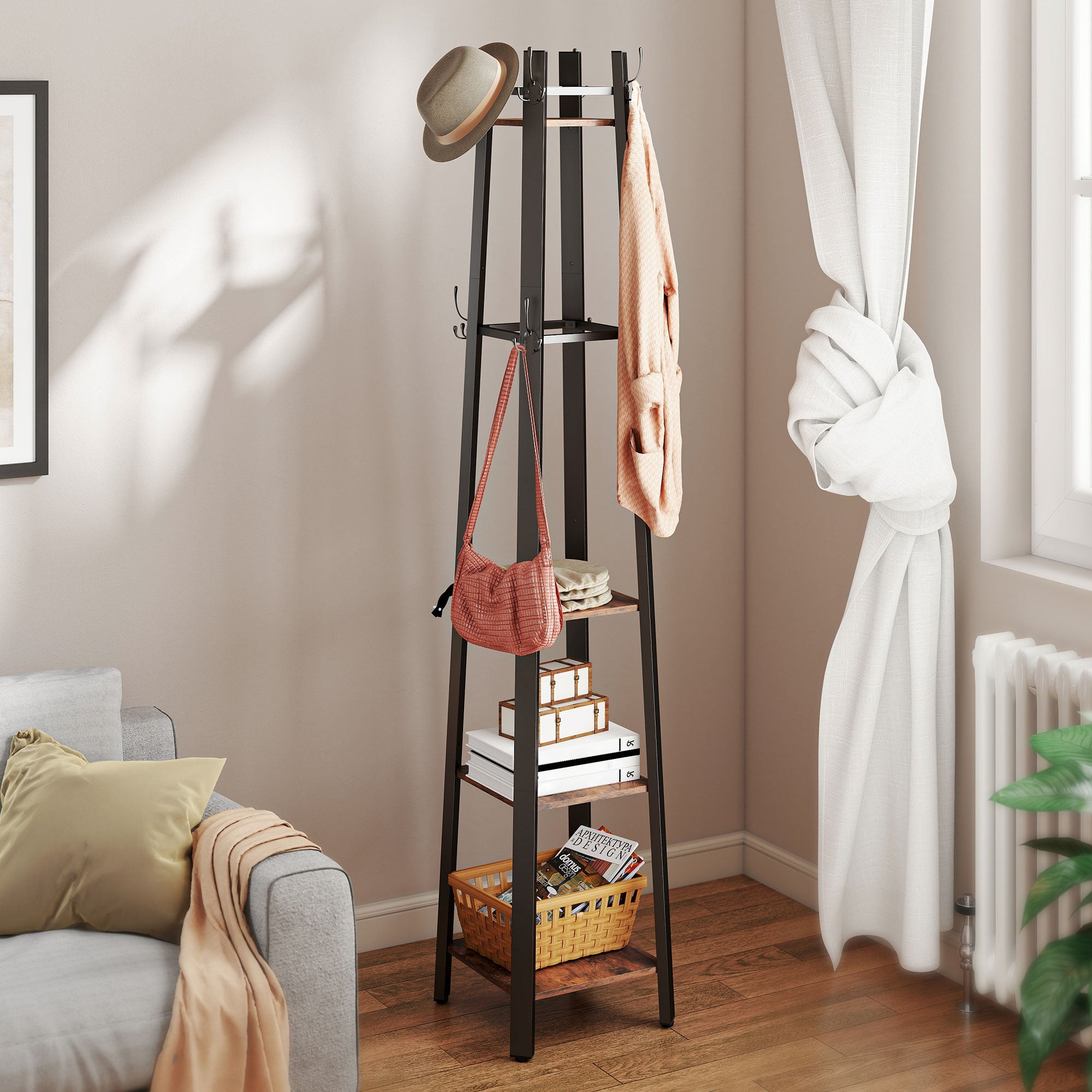 Industrial-Style Four Shelf Coat Stand - Brown/Black