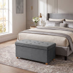 Velvet Upholstered Foldable Ottoman Footrest, Storage Ottoman Bench with Wood Legs for Living Room, Grey