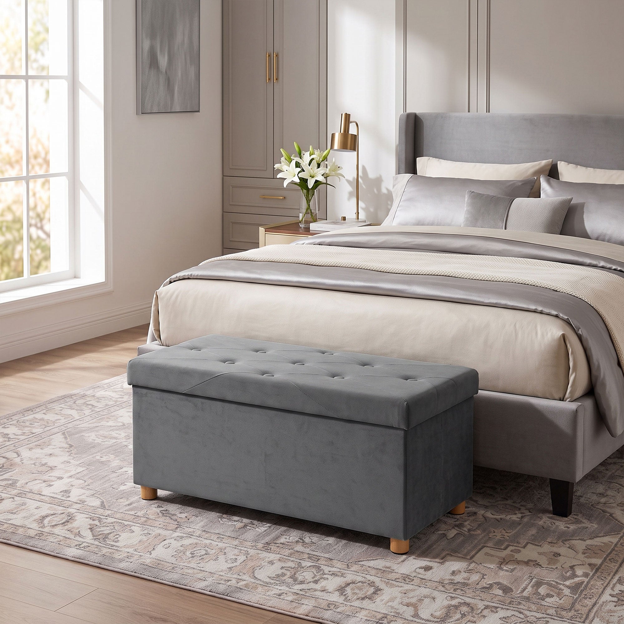 Velvet Upholstered Foldable Ottoman Footrest, Storage Ottoman Bench with Wood Legs for Living Room, Grey