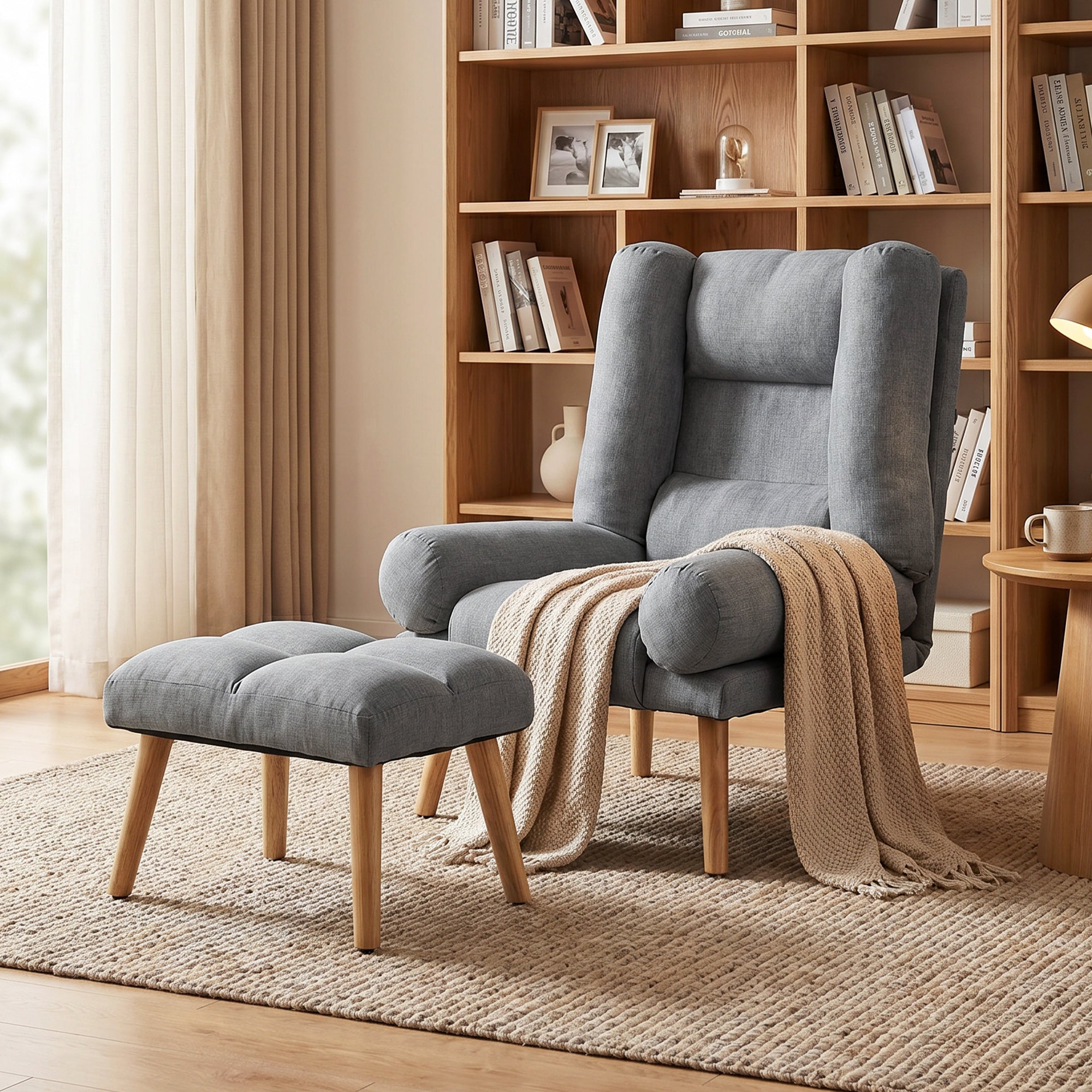 Recliner Chair with Footstool, Recliner Armchair with Adjustable Backrest, Thick Cushion and Wooden Legs, Grey