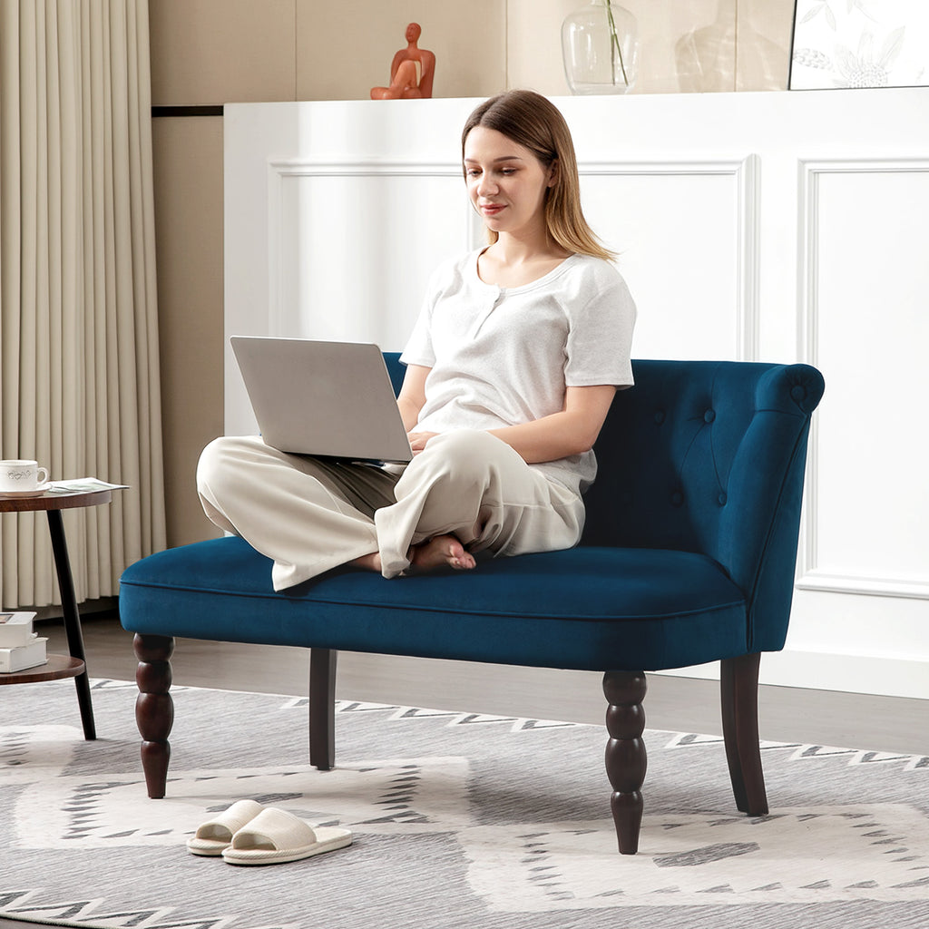 Velvet 2 Seater Sofa, Button Tufted Wingback Loveseat with Rubber Wood Legs for Living Room, Bedroom, Dark Blue