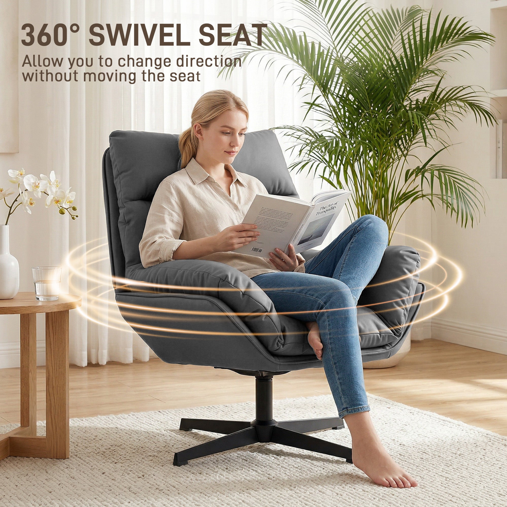 Accent Chair with 360 Swivel Armchair for Living Room with Padded Cushion Dark Grey