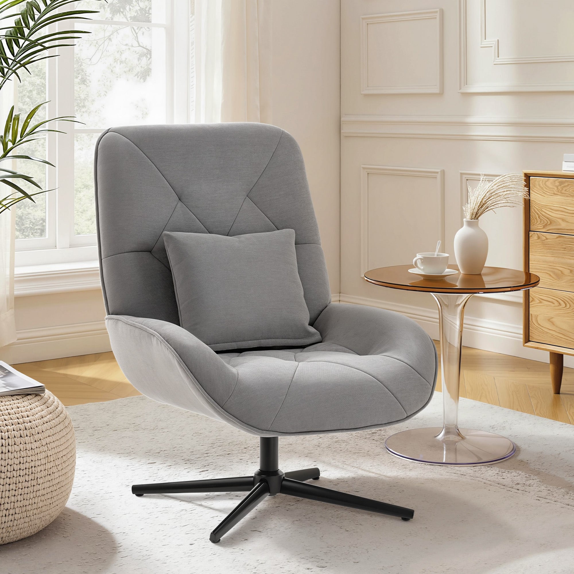 Accent Chair, Chenille Upholstered Swivel Armchair with Lumbar Pillow, High Back, Deep Seat and Metal Legs, Light Grey