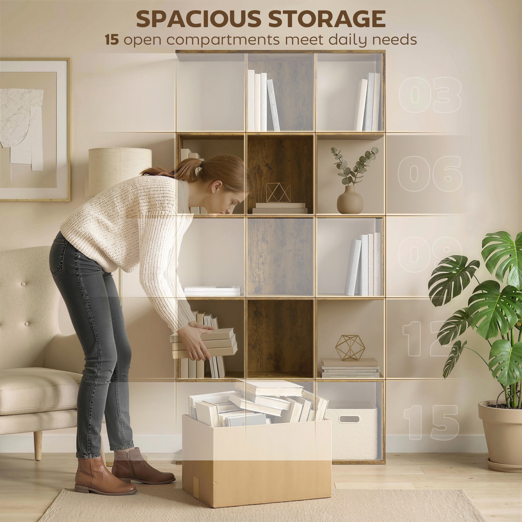 5-Tier Bookshelf, S Shaped Geometric Bookcase with 15 Compartments, Rustic Brown