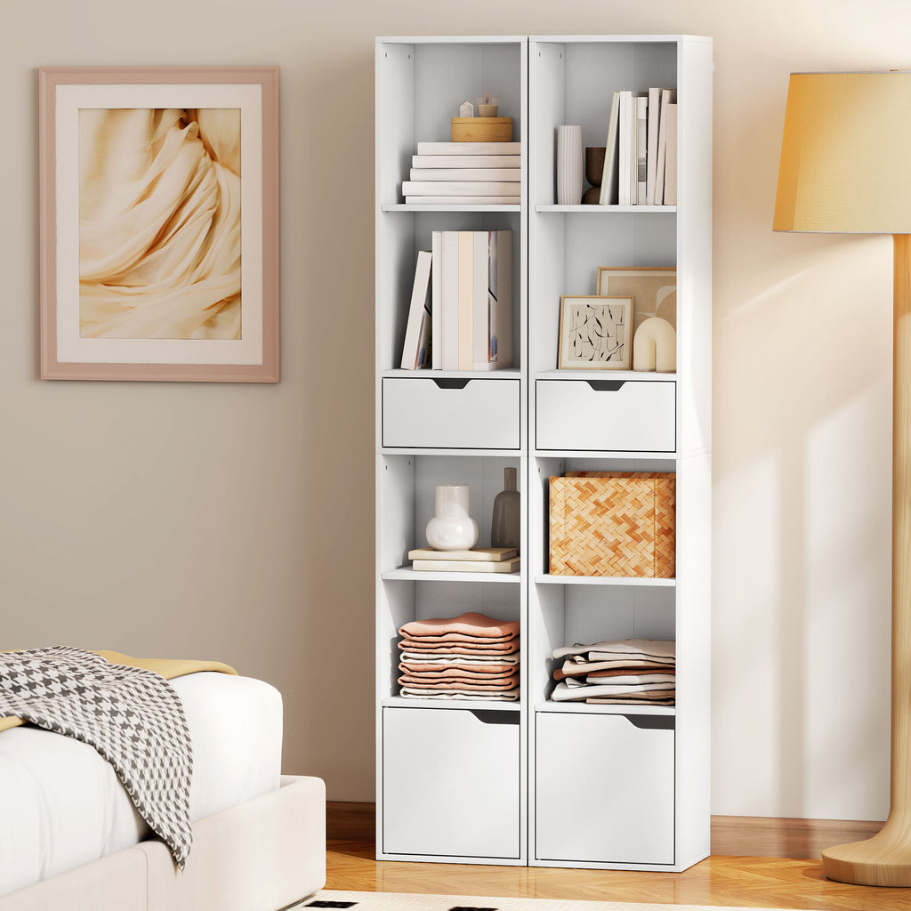 6-Tier Bookcase, Tall Narrow Bookshelf with Drawer and Door - White
