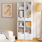 6-Tier Bookcase, Tall Narrow Bookshelf with Drawer and Door - White