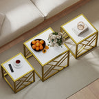 Nesting Coffee Tables, Set of 3 Square Side Tables with Gold Metal Frame, for Living Room, Bedroom and Office, White
