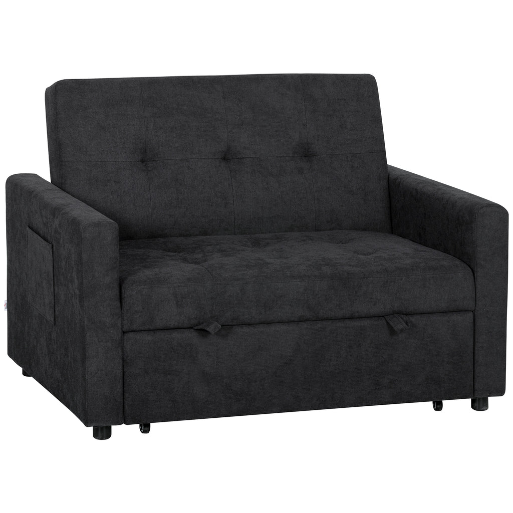 Loveseat Sofa Bed, Convertible Bed Settee with 2 Pillows, Side Pockets, Black