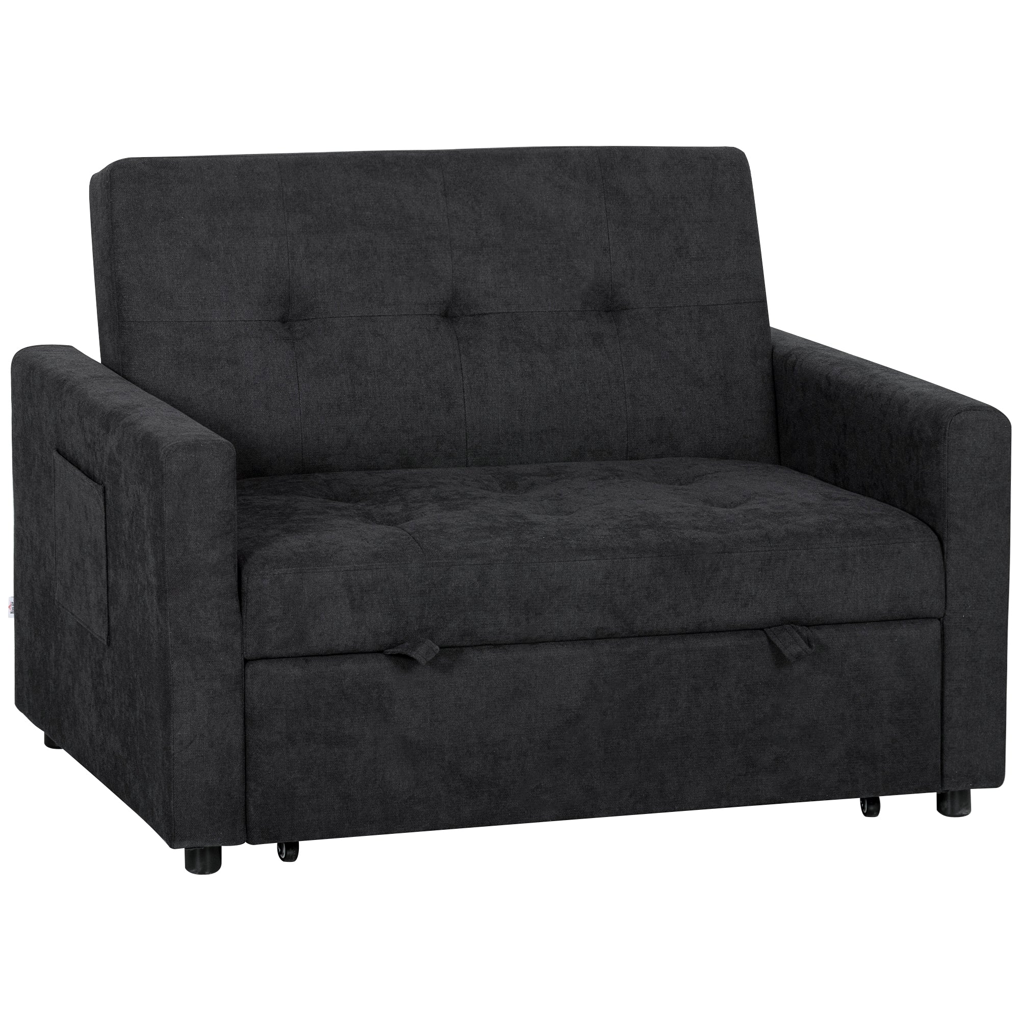 Loveseat Sofa Bed, Convertible Bed Settee with 2 Pillows, Side Pockets, Black