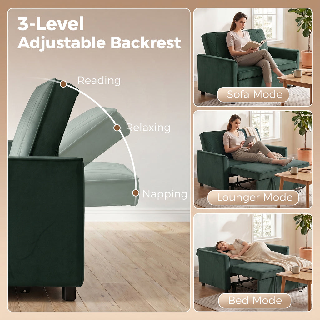2 Seater Sofa Bed, 3-in-1 Convertible Pull Out Sleeper Sofa with Click-Clack Adjustable Backrest, Dark Green
