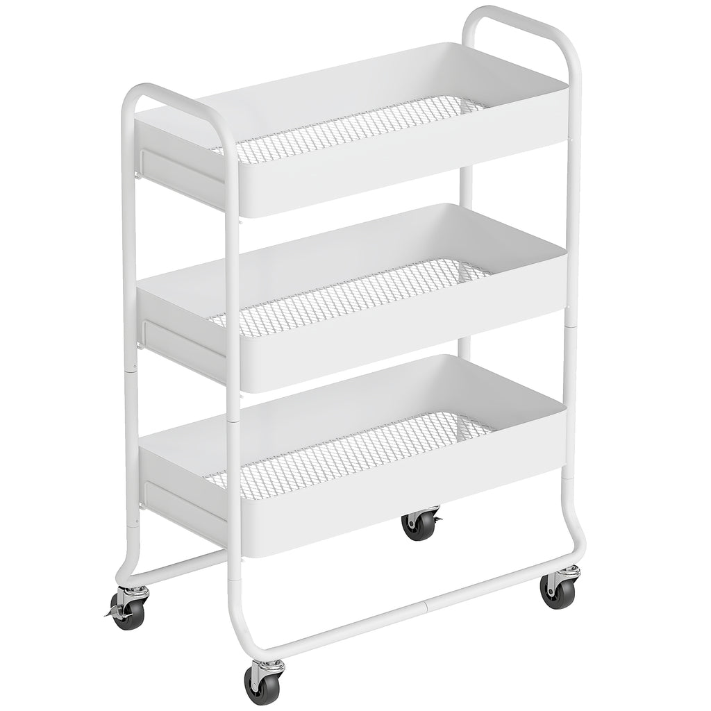 HOMCOM 3-Tier Storage Trolley on Wheels with Mesh Baskets - White