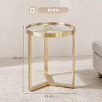 Round Side Table with Tempered Glass Top and Geometric Metal Frame for Small Space, Gold Tone