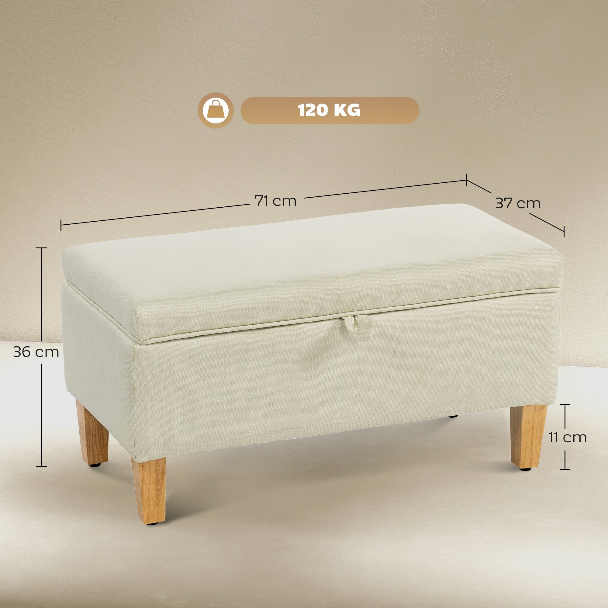 30L Linen Storage Ottoman Padded Footstool with Rubberwood Legs for Storage Box, Bed End, Shoe Bench, Seating, Beige