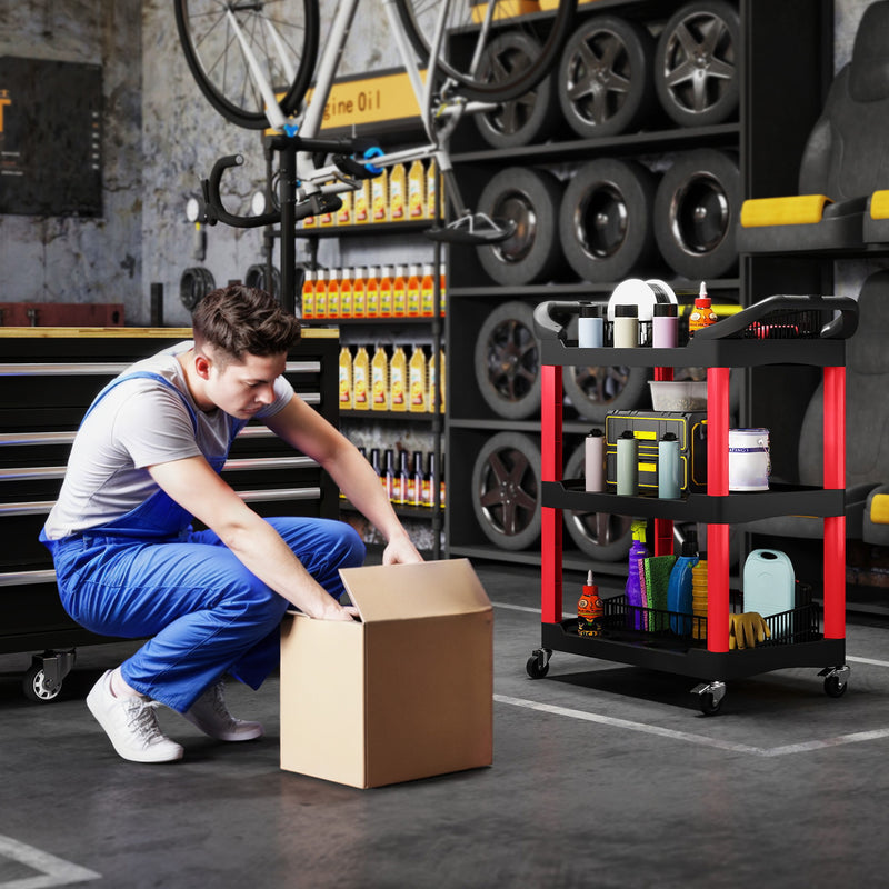 3-Tier Rolling Tool Trolley with Handles, 91kg Capacity – Black/Red – image 7 of 9
