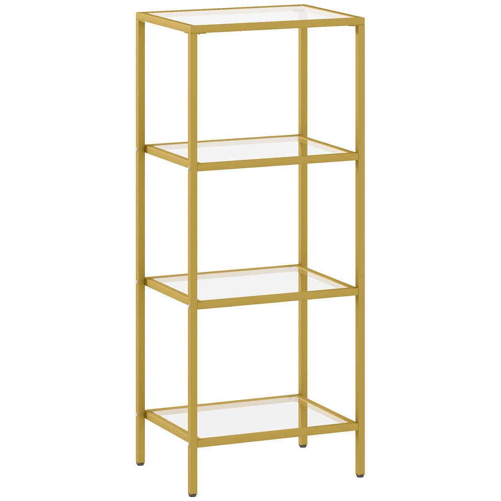 4-Tier Shelving Unit, Glass Shelf, Vertical Storage Shelf for Living Room, Home Office, Bedroom, Bathroom, Gold Tone