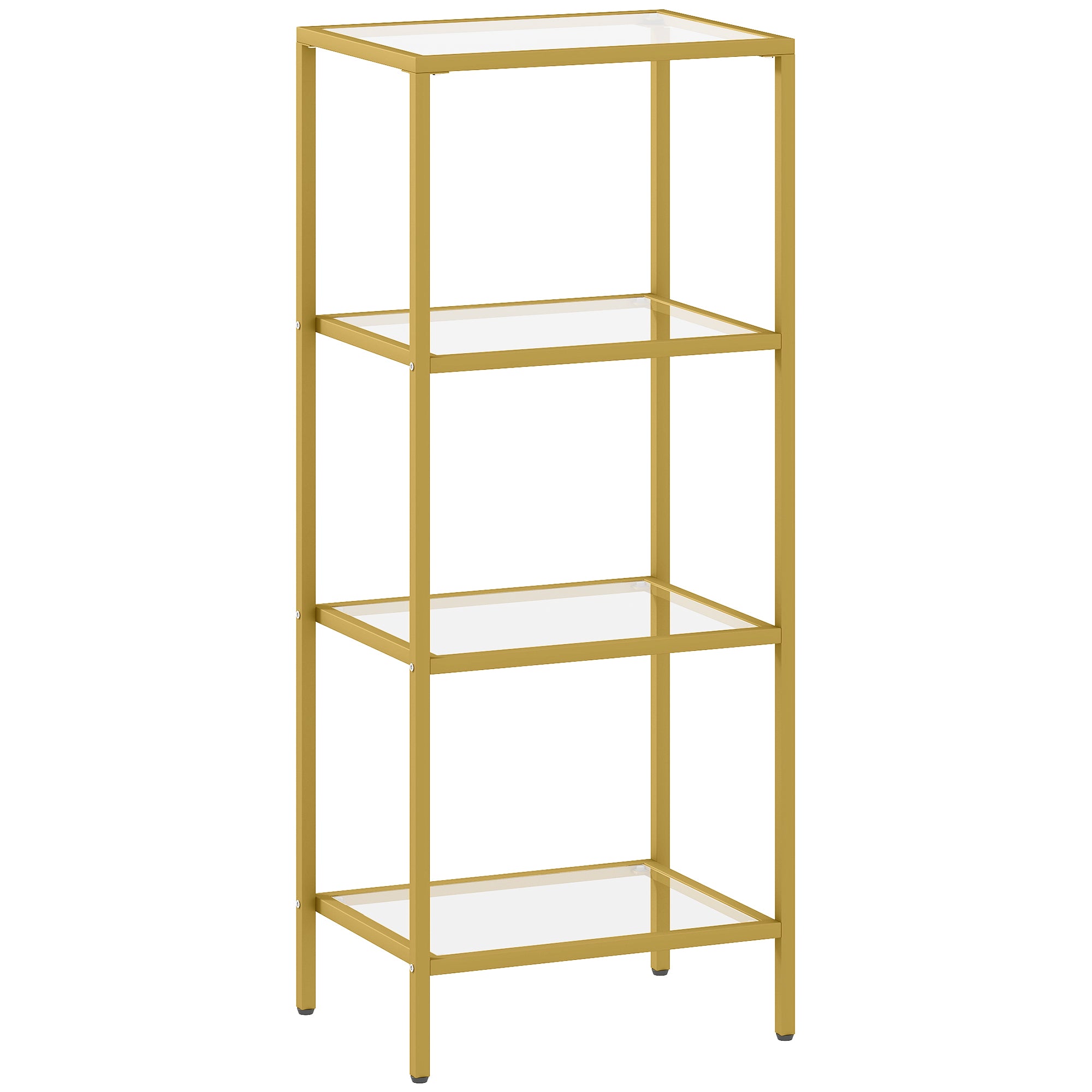 4-Tier Shelving Unit, Glass Shelf, Vertical Storage Shelf for Living Room, Home Office, Bedroom, Bathroom, Gold Tone