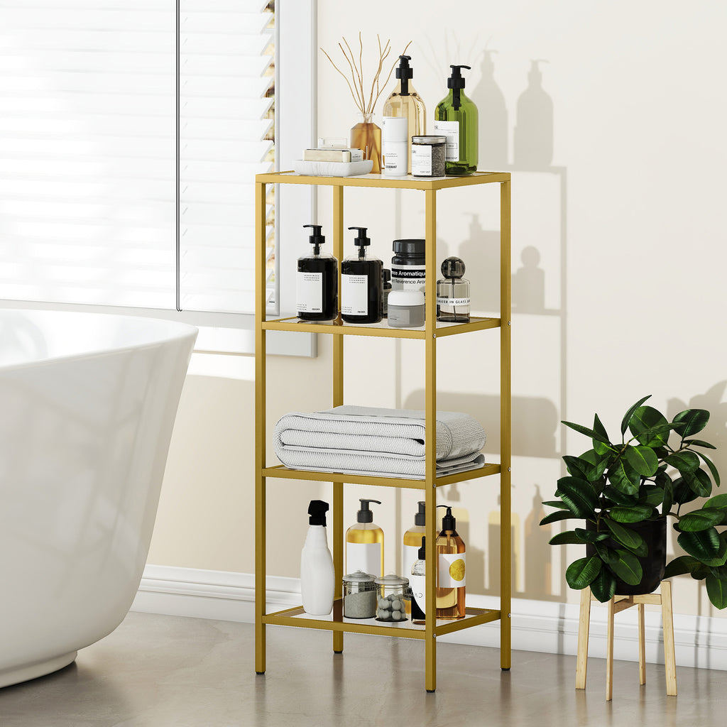 4-Tier Shelving Unit, Glass Shelf, Vertical Storage Shelf for Living Room, Home Office, Bedroom, Bathroom, Gold Tone
