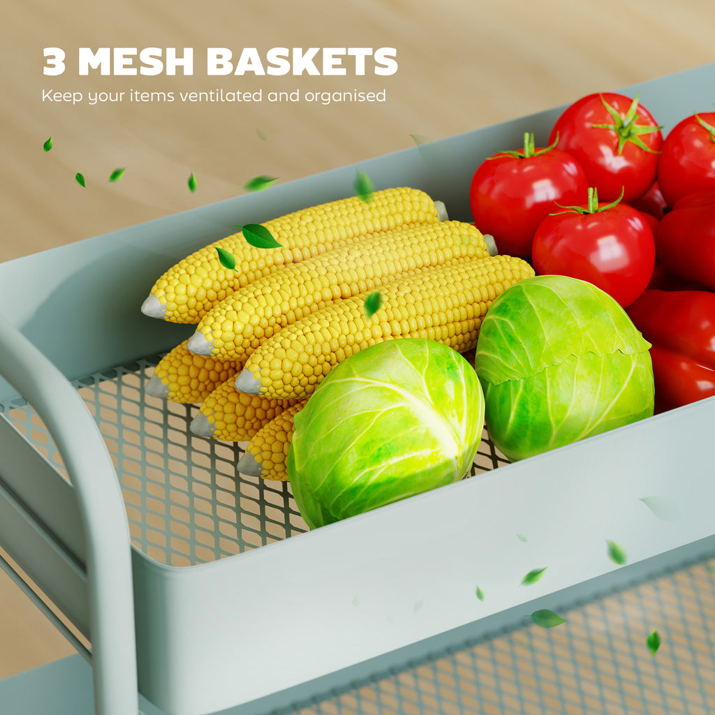 HOMCOM 3-Tier Storage Trolley on Wheels with Mesh Baskets - Light Green