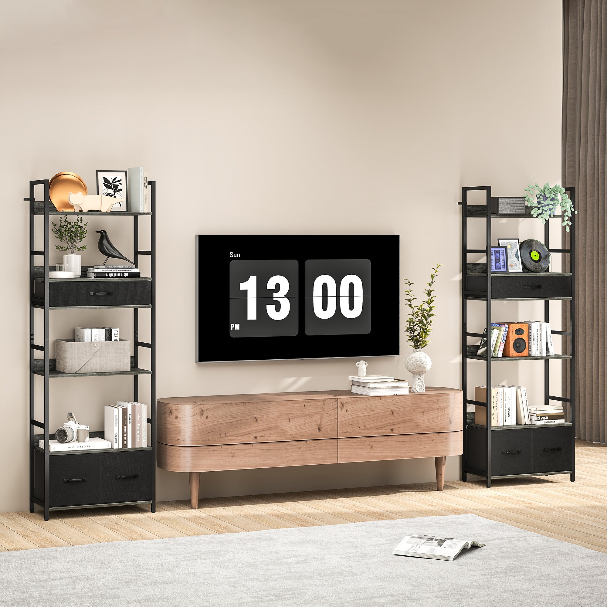 Industrial Style Bookcase, with 4 Shelves and 3 Fabric Drawers - Grey/Black