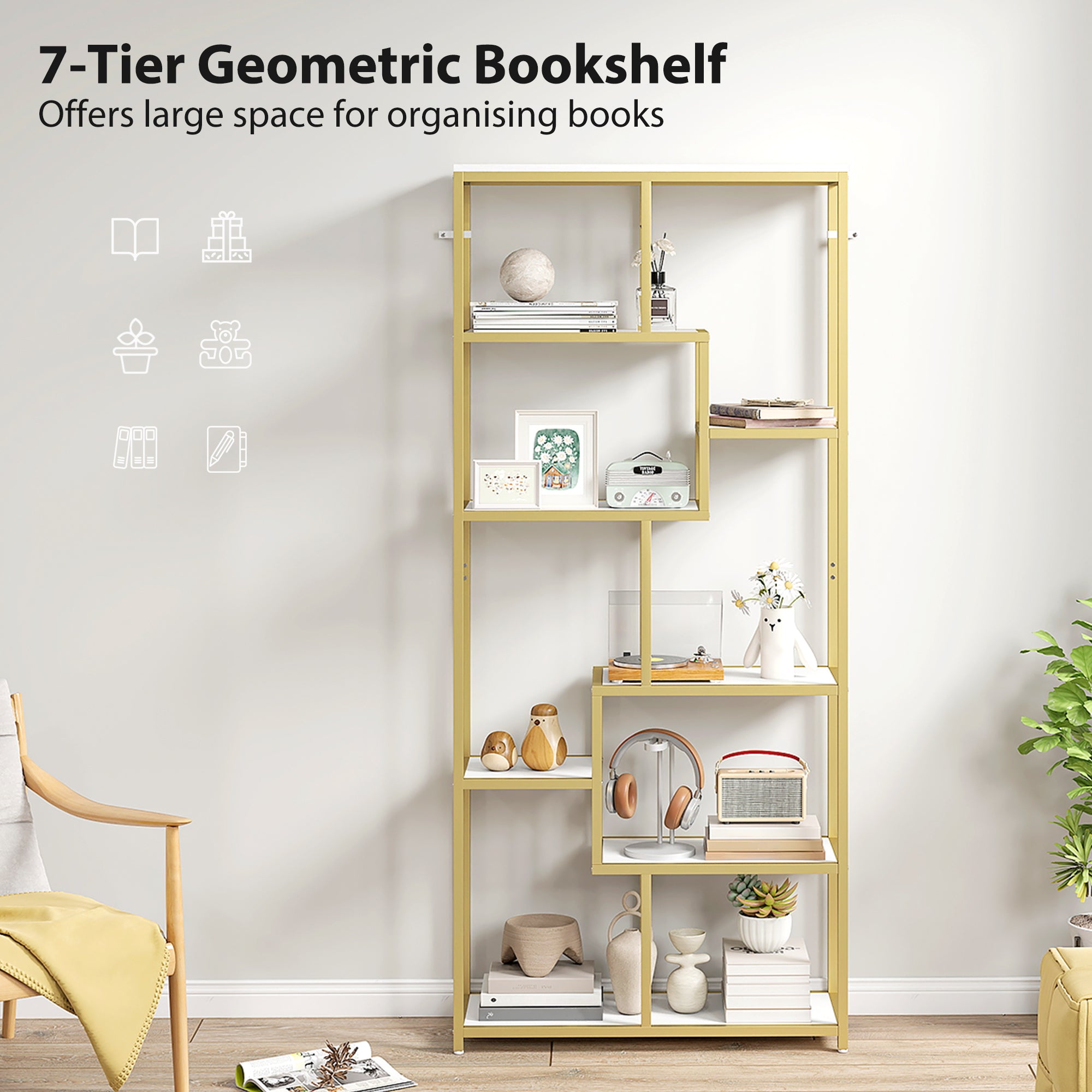Seven-Tier Geometric Bookcase - White/Gold Tone