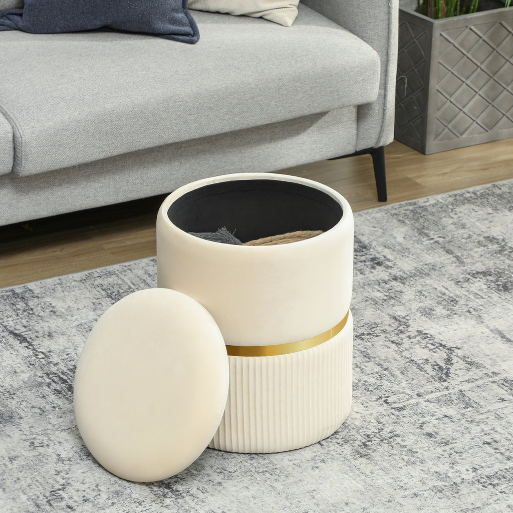 Round Storage Stool, Velvet-feel Fabric Upholstered Vanity Stool with Removable Top, Padded Seat and Hidden Space, Beige