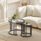 Round Coffee Tables Set of 2, Nesting Tables with Tempered Glass Top and Steel Frame, Black