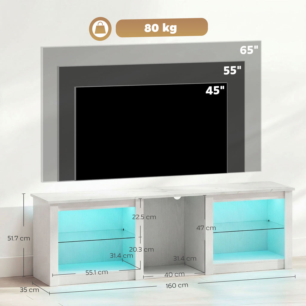 70in TV Stand, with LED Lights and Storage - White