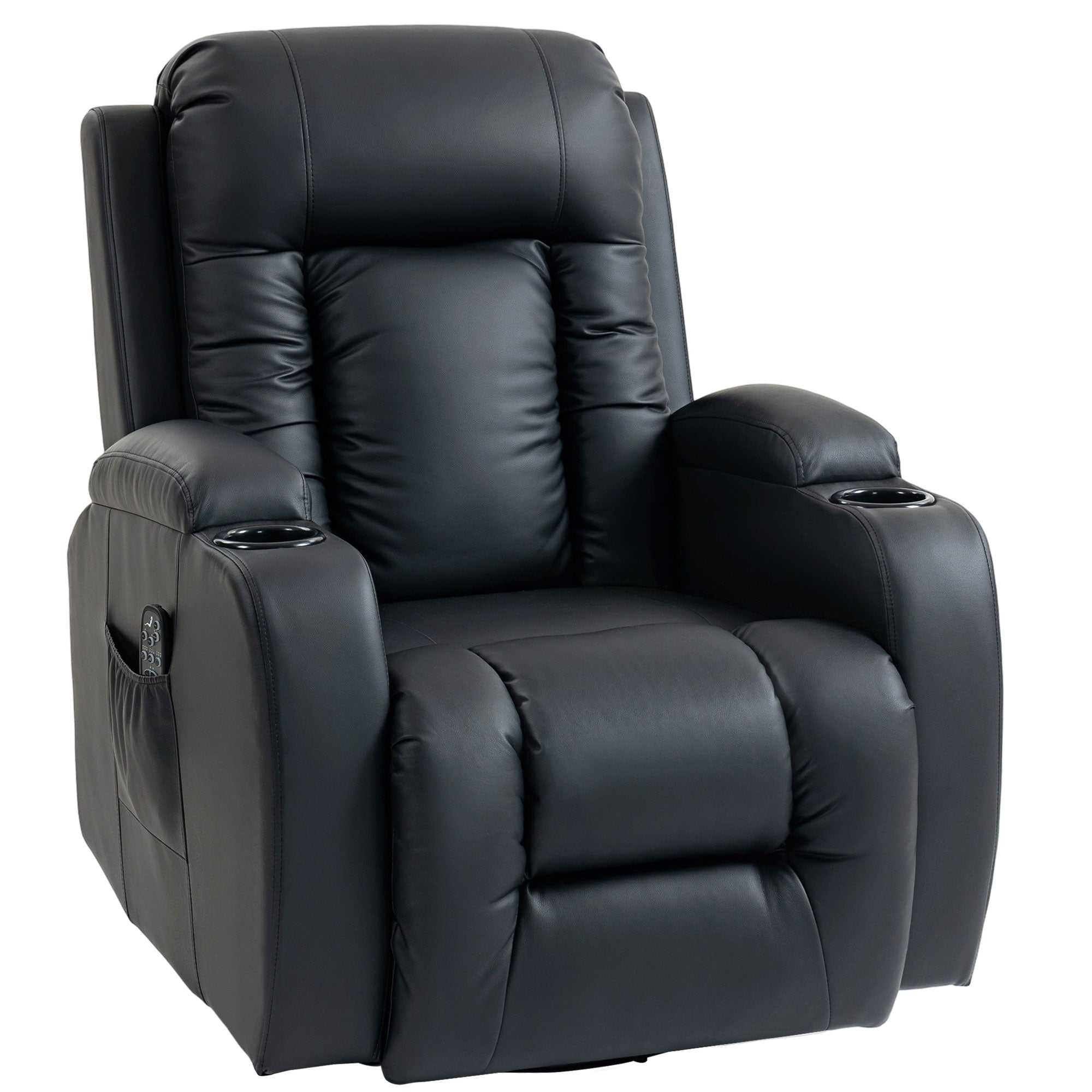 PU Leather Recliner Chair, Recliner Armchair with Extended Footrest, Cup Holders and Side Pockets, Black