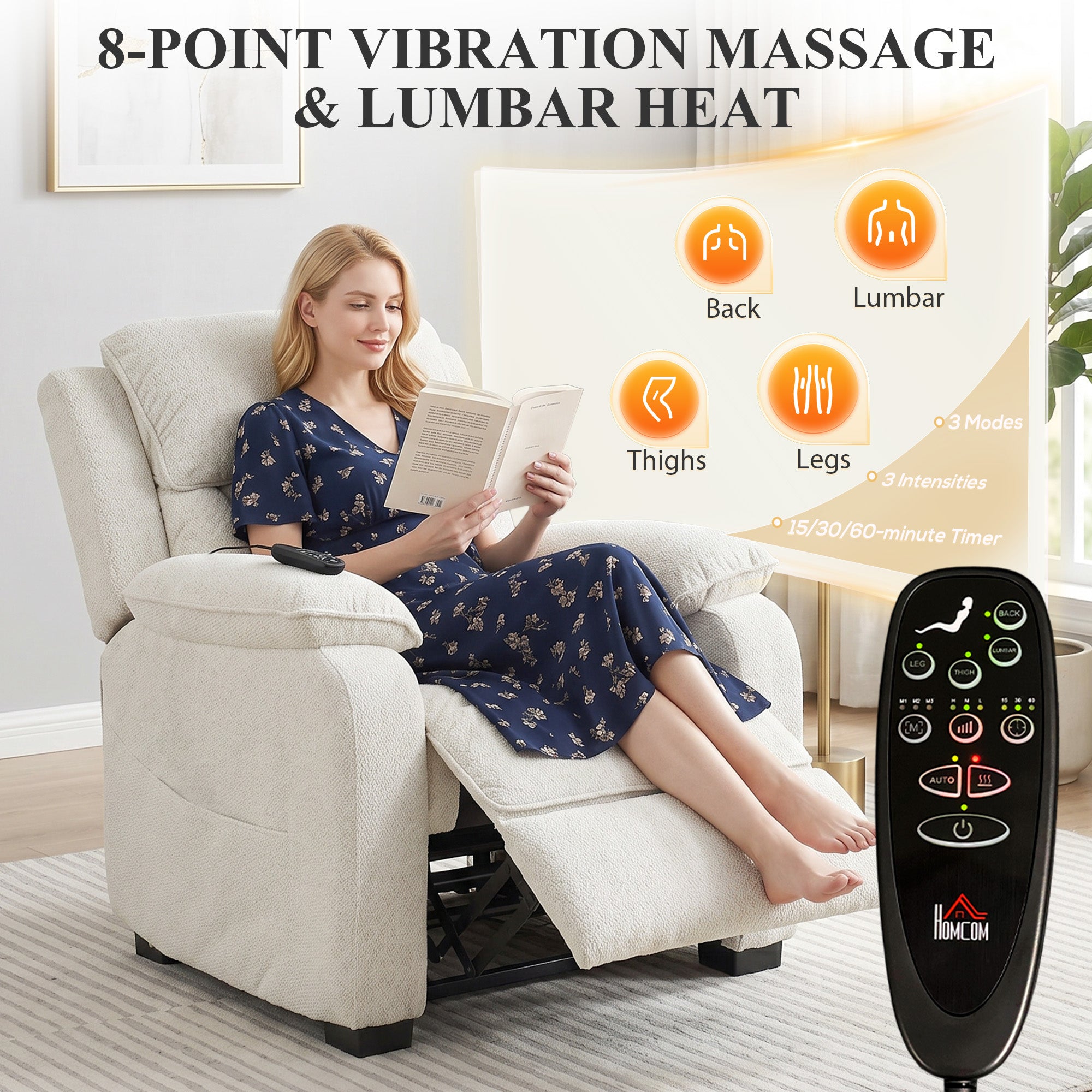 Power Recliner Armchair with Massage and Heat, Electric Reclining Chair with Wide Spring Seat, Cream White