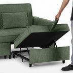 2 Seater Sofa Bed, 4-in-1 L-Shaped Convertible Pull-Out Sleeper Sofa with Adjustable Backrest Side Pockets, Dark Green