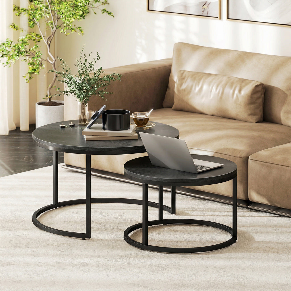 Set of Two Wood-Effect Stacking Tables - Black Wood Grain