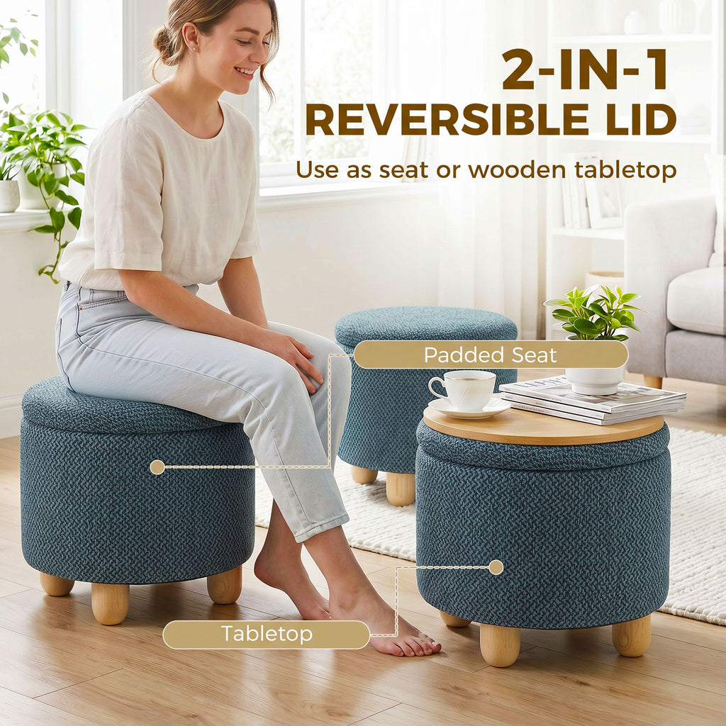 Storage Sitting Bench with Lid, Round Storage Ottoman with Rubberwood Legs, Dark Blue