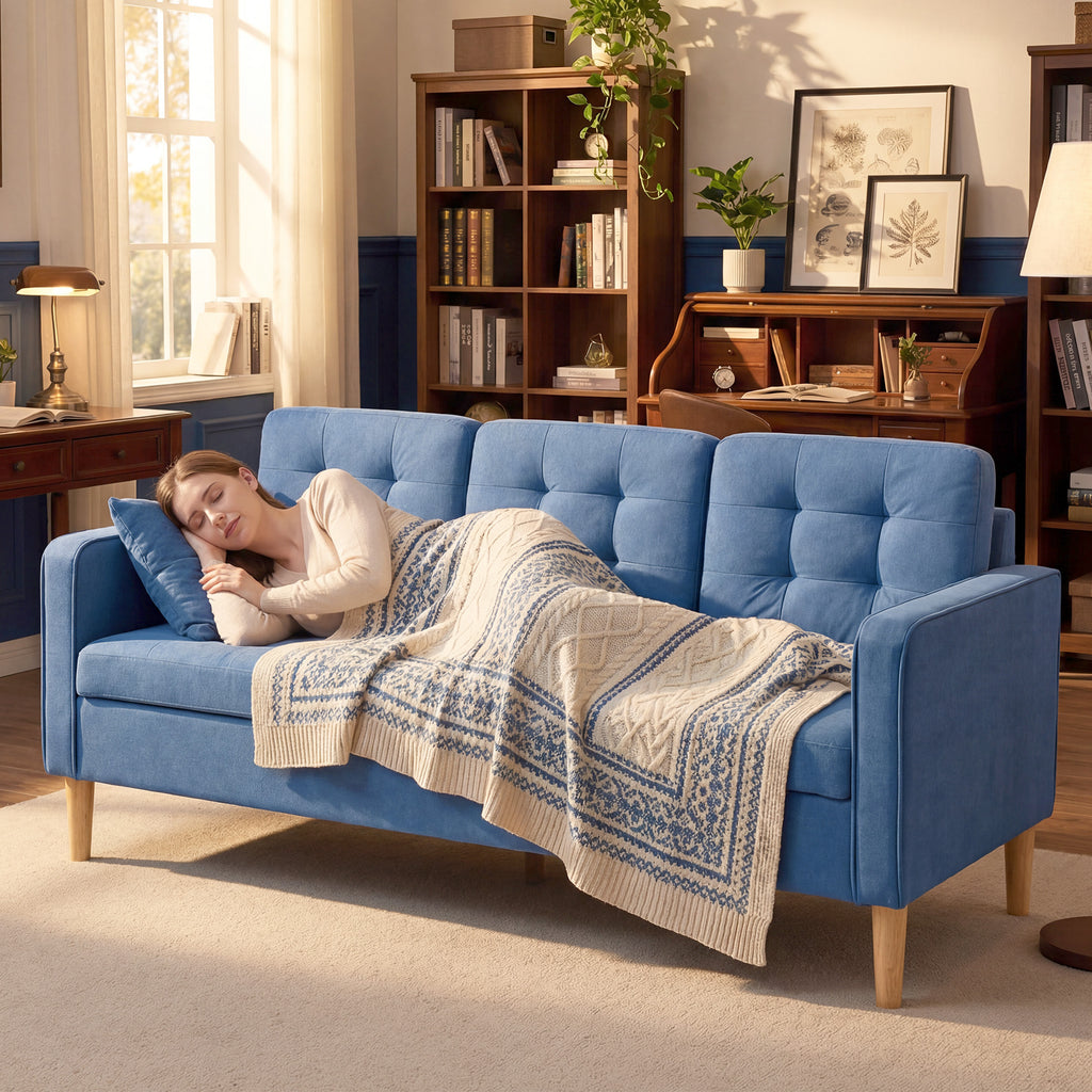 3 Seater Sofa, 169cm Couch with Hidden Storage, Wood Legs, Blue
