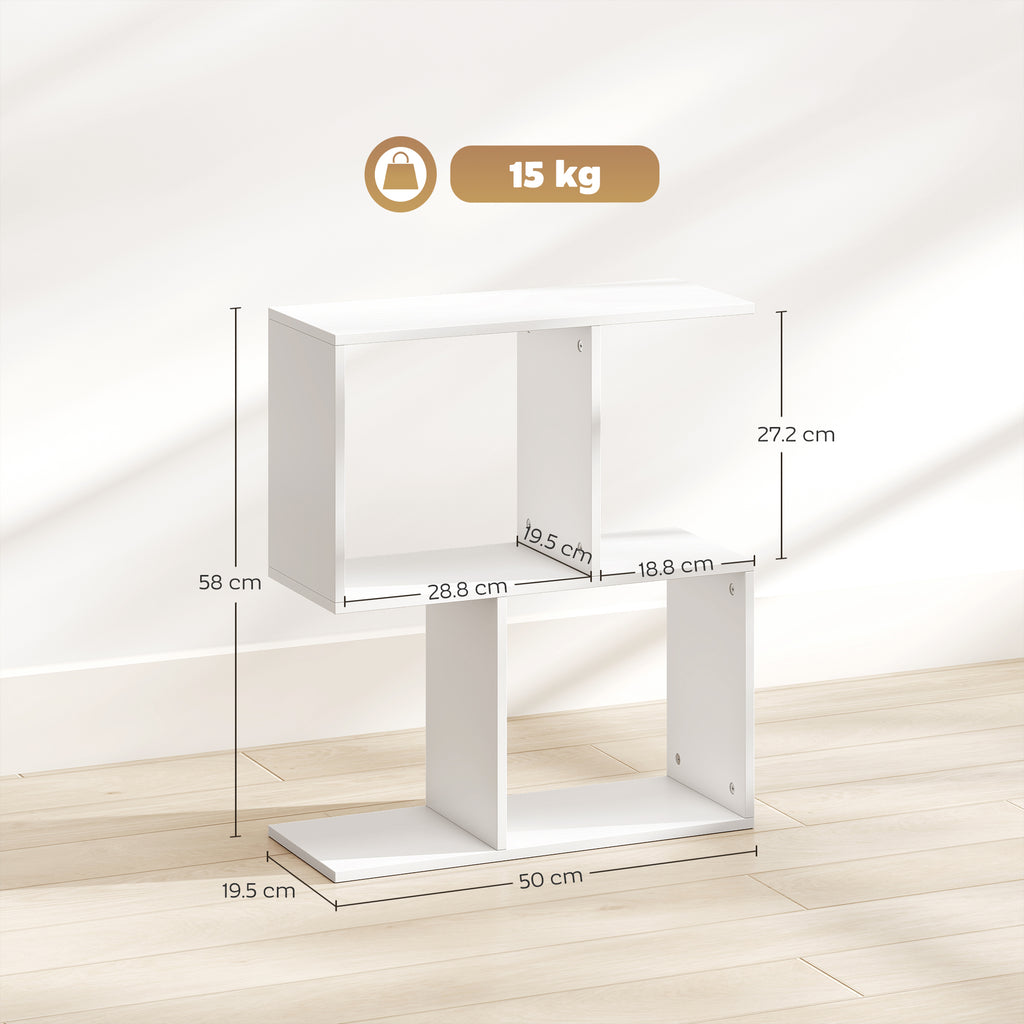 Side Table, Narrow End Table with Storage Shelves, S-Shaped, 3-Tier, 50W x 19.5D x 58H cm, White