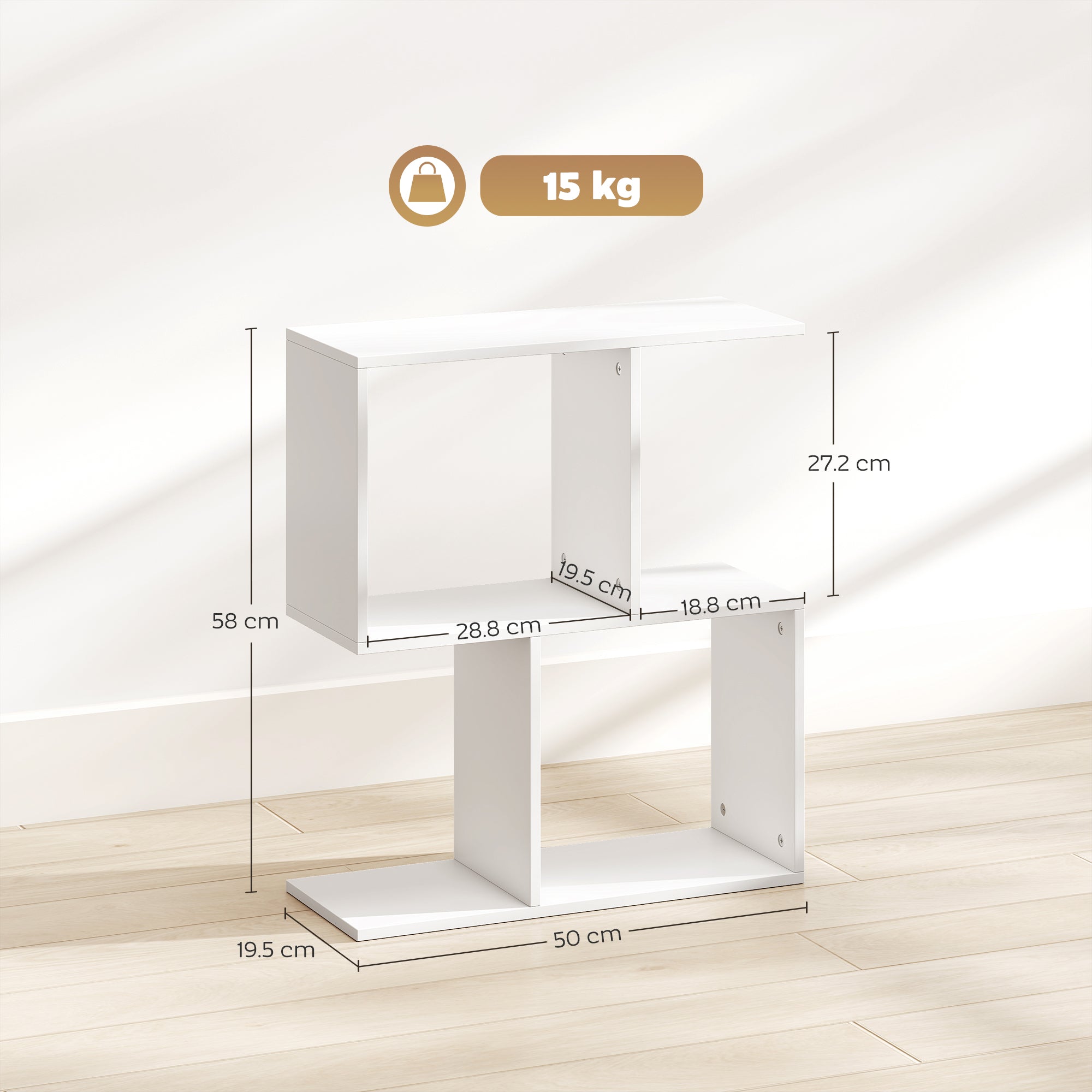 Side Table, Narrow End Table with Storage Shelves, S-Shaped, 3-Tier, 50W x 19.5D x 58H cm, White