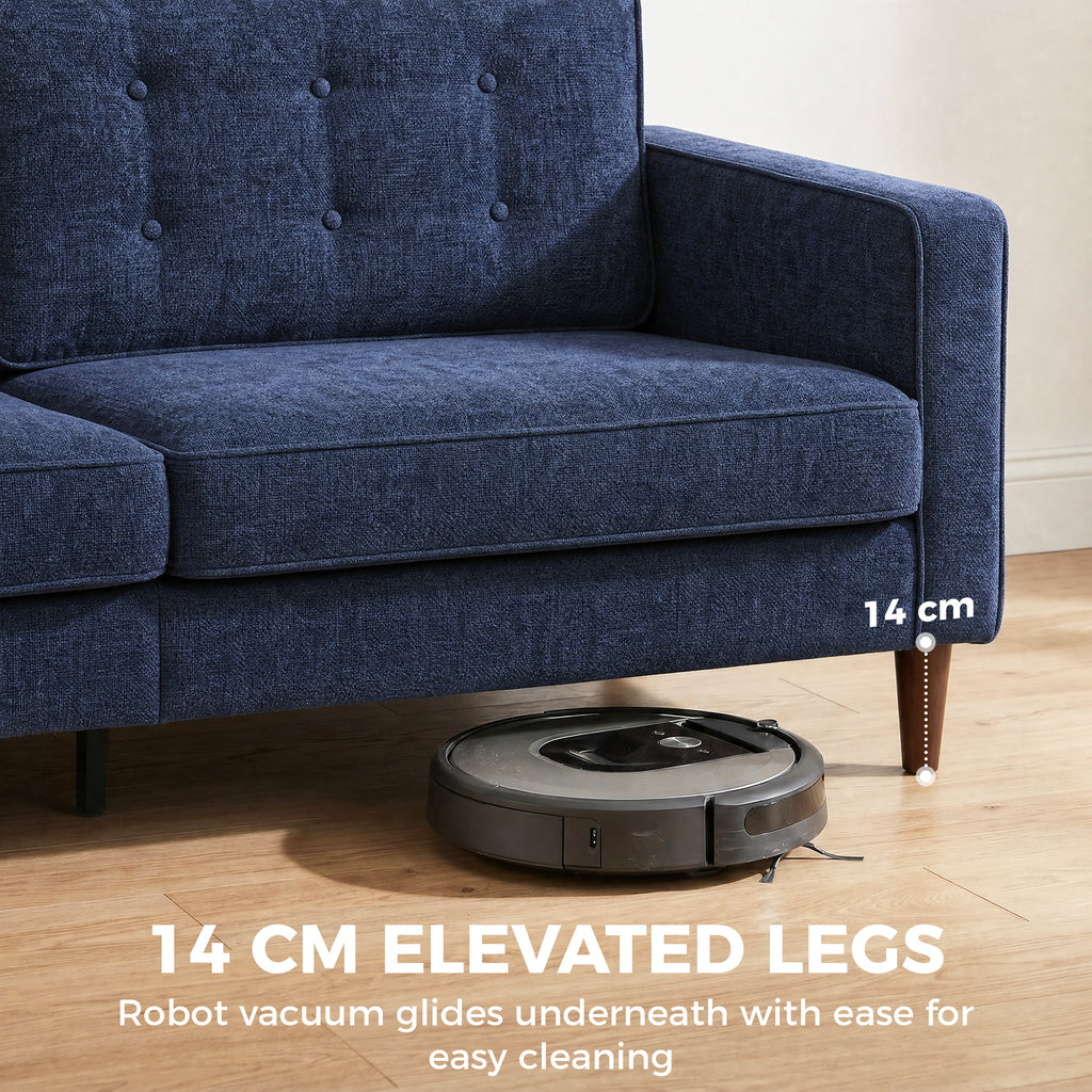 3 Seater Sofa Button Tufted Upholstered Couch with Wood Legs for Living Room, Dark Blue