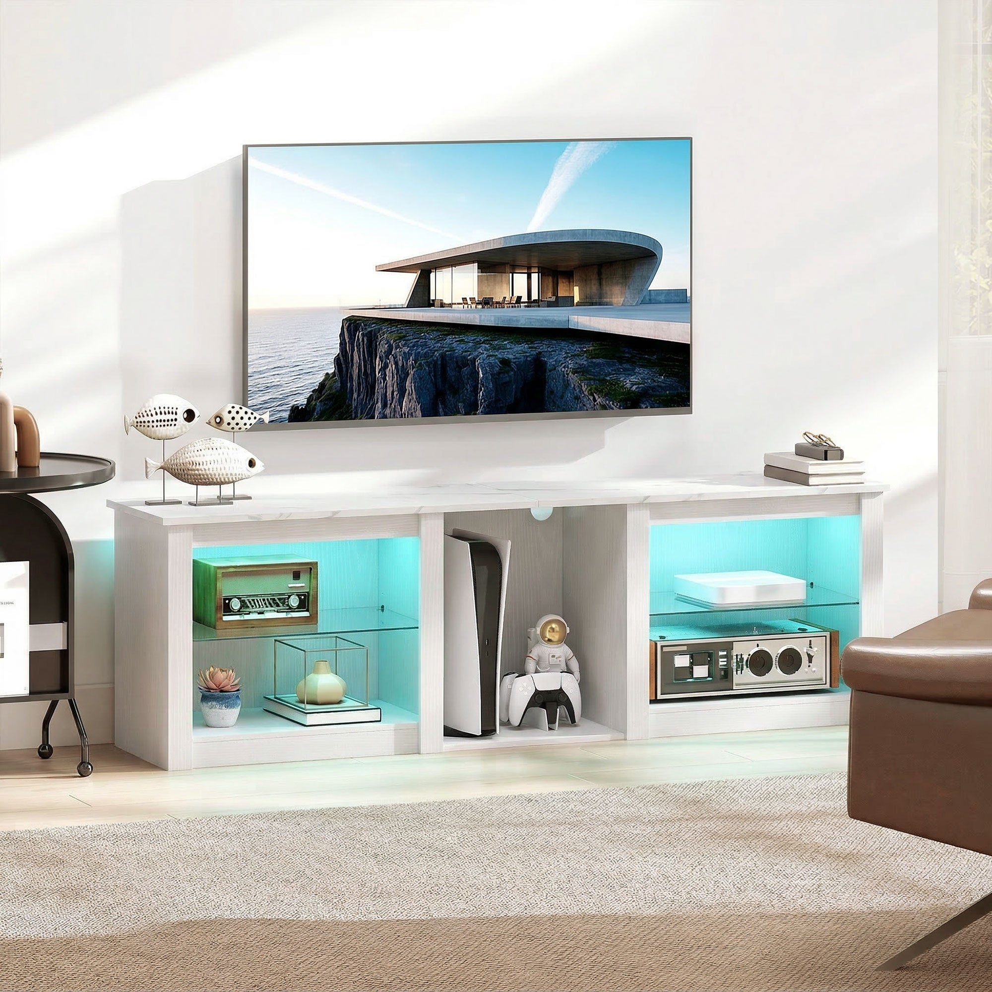70in TV Stand, with LED Lights and Storage - White